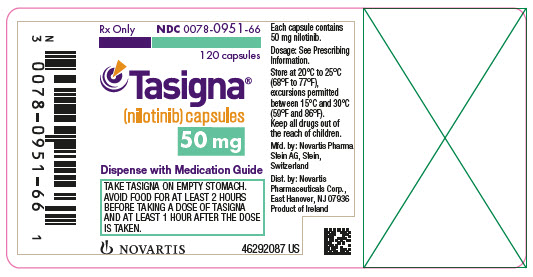 
							주요 디스플레이 패널
							NDC 0078-0951-66
							120 캡슐
							Rx Only
							Tasigna®
							(nilotinib) 캡슐
							50 mg
							약물 안내서와 함께 배포
							NOVARTIS
							
