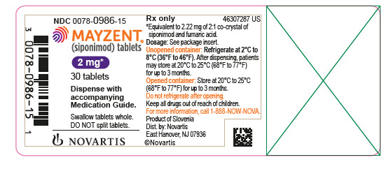 주 표시 패널
								NDC 0078-0986-15
								Rx only
								MAYZENT®
								(siponimod) 정제
								2 mg*
								30 정
								첨부된 Medication Guide와 함께 조제하십시오.
								정제를 통째로 삼키십시오. 정제를 쪼개지 마십시오.
								NOVARTIS
							