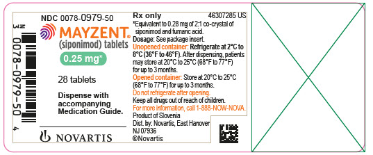 주요 표시 패널
								NDC 0078-0979-50
								Rx only
								MAYZENT®
								(siponimod) 정제
								0.25 mg*
								28 정
								동봉된 투약 안내서와 함께 조제하십시오.
								NOVARTIS
							
