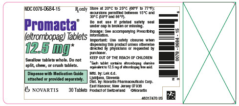 NDC 0078-0684-15
								처방전 의약품
								프로맥타®
								(엘트롬보파그) 정제
								12.5 mg*
								정제를 통째로 삼키십시오. 정제를 쪼개거나 씹거나 으깨지 마십시오.
								부착되거나 별도로 제공되는 약물 설명서와 함께 배포하십시오. 
								노바티스
								30 정제
							